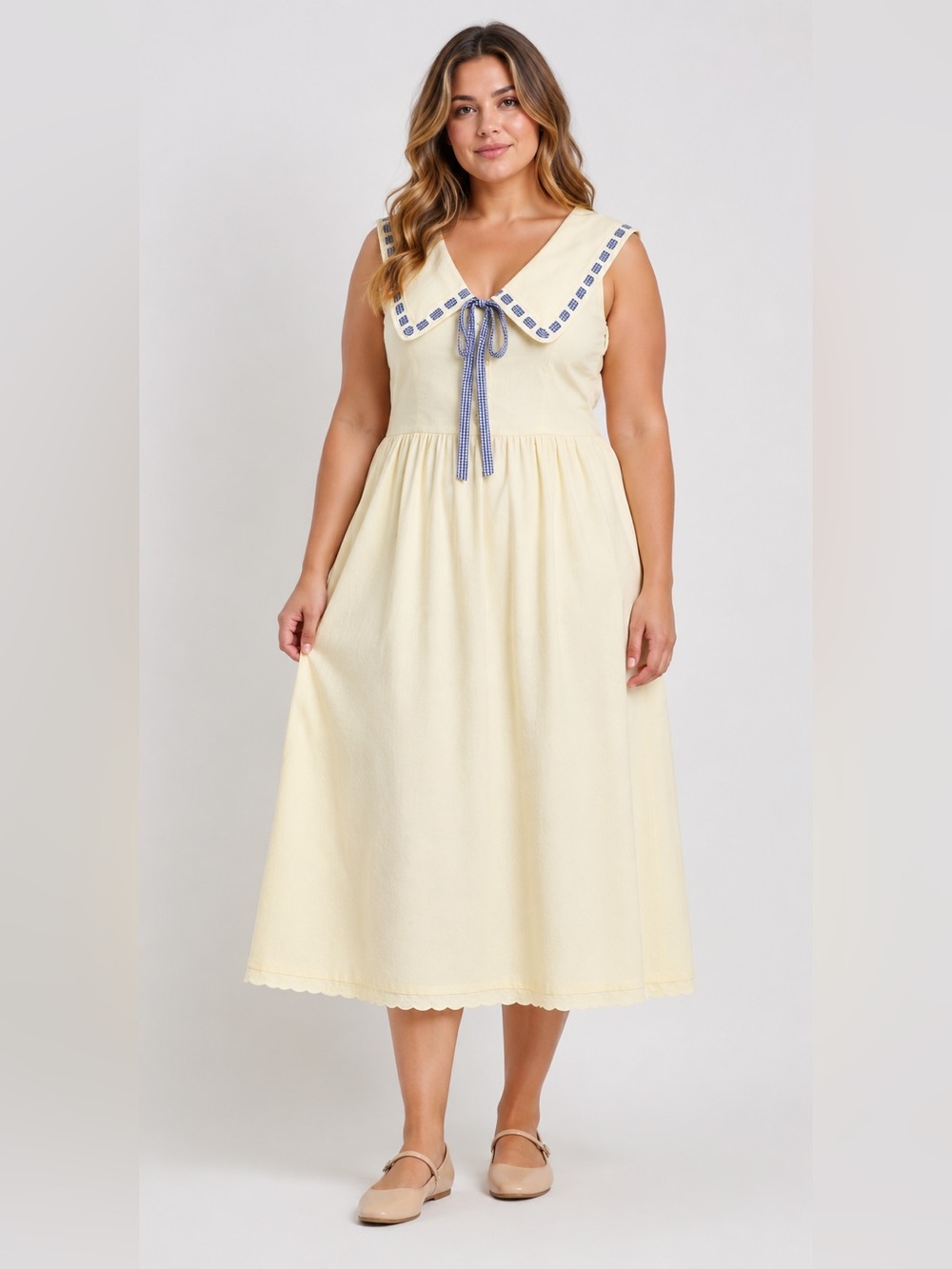 Light Yellow Sleeveless Dress with Embroidered gingham Peter Pan Collar